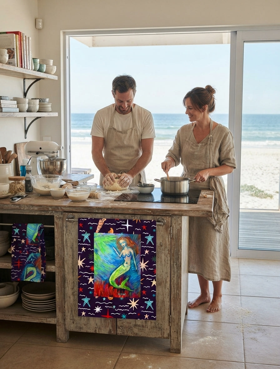 3-Set Ocean Mermaid Kitchen Towels Crate Label Cotton Tea Towel| Dish Towel Kitchen Decor