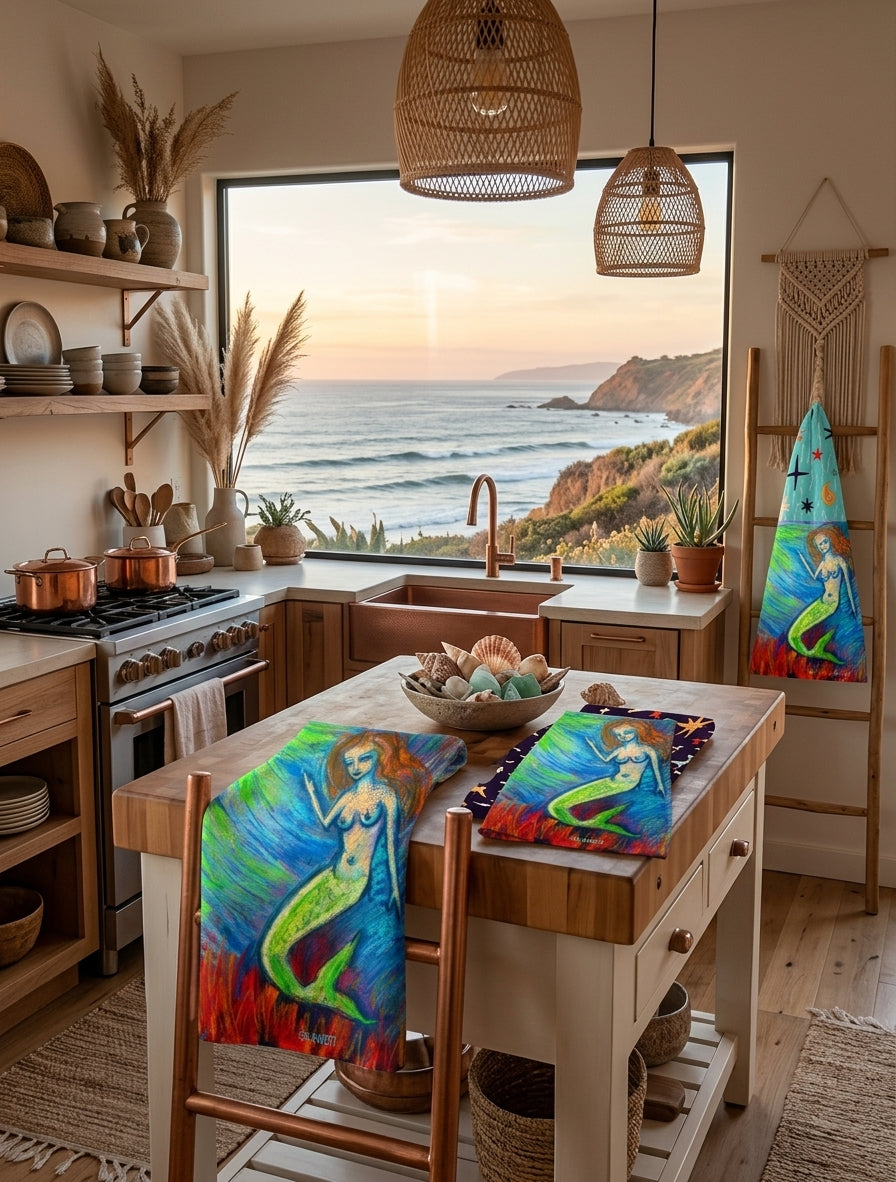 3-Set Ocean Mermaid Kitchen Towels Crate Label Cotton Tea Towel| Dish Towel Kitchen Decor