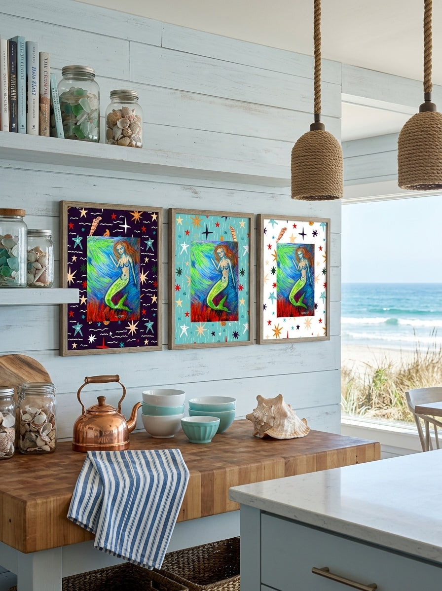 3-Set Ocean Mermaid Kitchen Towels Crate Label Cotton Tea Towel| Dish Towel Kitchen Decor