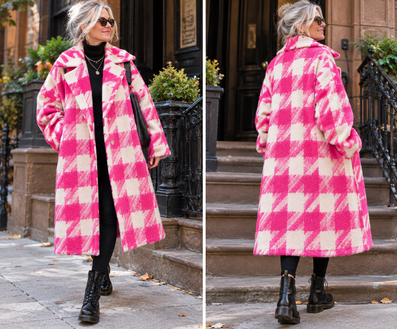 Italian 80% Wool Oversized Houndstooth Coat – Fabulous Fuchsia & White