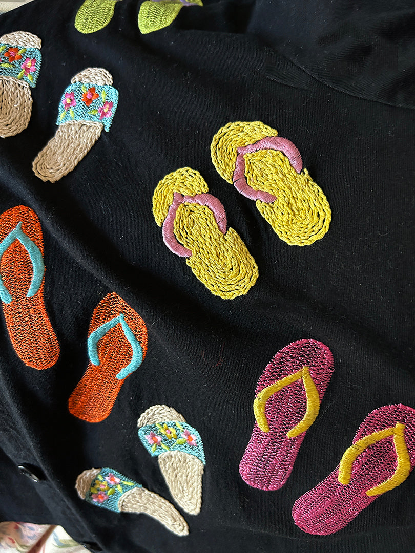 Michael Simon Lite Embroidered Flip Flop Sandals Black Boho Jacket Sml-XL