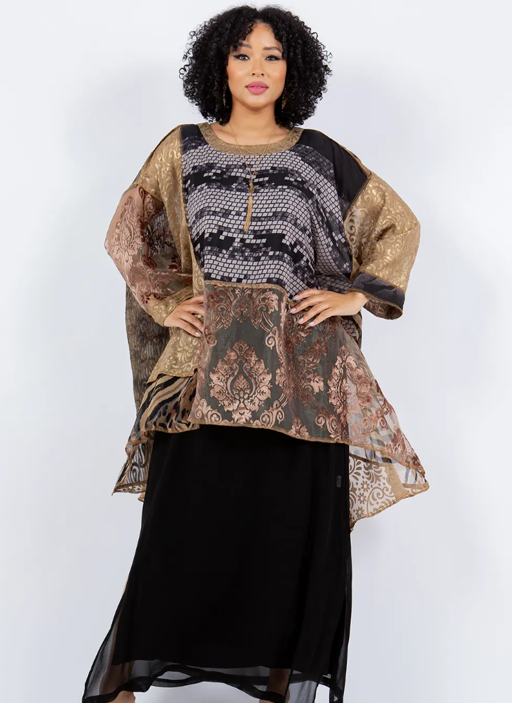 $70 OFF! LAST ONE Mosaic Mocha Gold hi-low Tunic Top Boho Hippie Chic Resort Wear Sml-10X