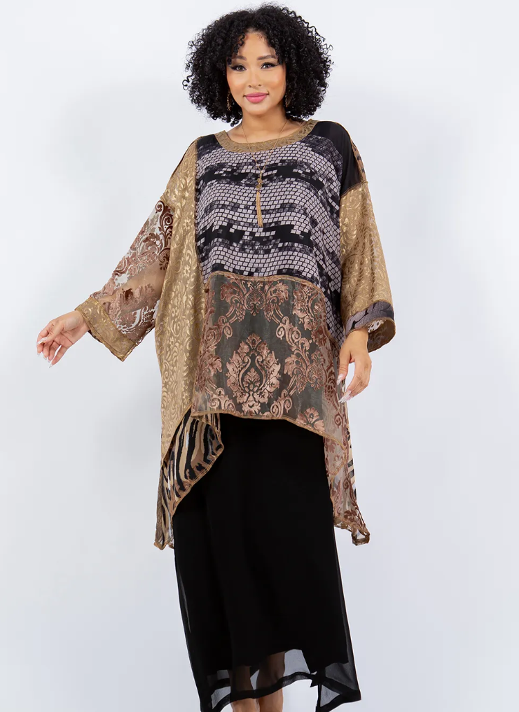 $70 OFF! LAST ONE Mosaic Mocha Gold hi-low Tunic Top Boho Hippie Chic Resort Wear Sml-10X
