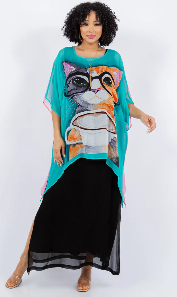 Cats Reversible 2 Colors Plus Cat-A-Cinno  Oversize Tunic Top Lagenlook Boho Hippie Chic SML-6X+