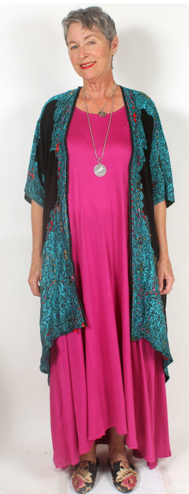 Black Turquoise Sleeveless Embroidered Pashmina Fringe Jacket  Boho Sophisticated Sml-2X