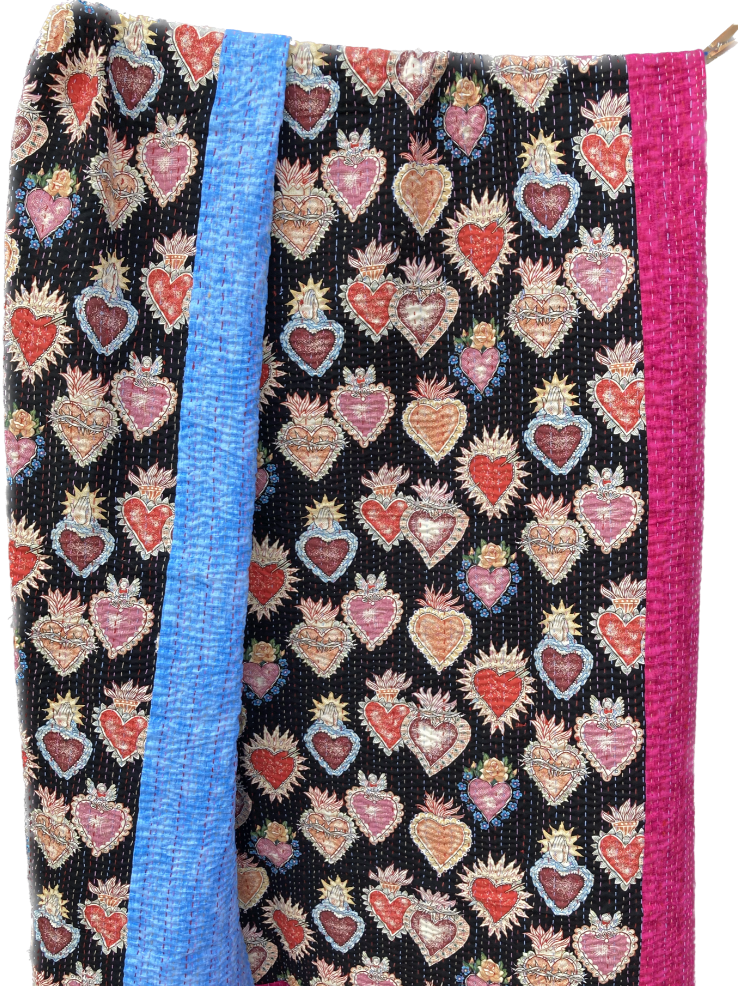 Embroidered Reversible Milagros Hearts Hearts Kantha Blanket