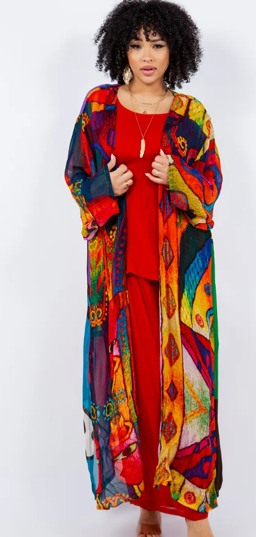 Sunheart Pop Art Boho Long Jacket Duster Hippie Chic Resort Wear Sml-2X