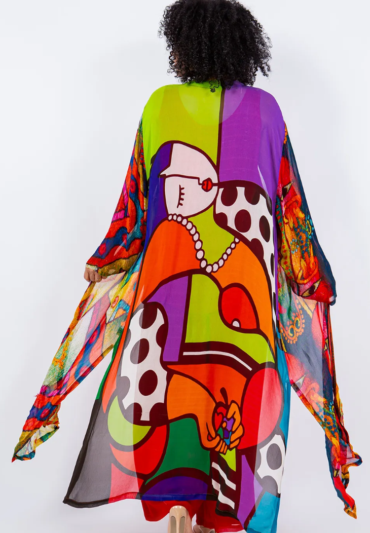 Sunheart Pop Art Boho Long Jacket Duster Hippie Chic Resort Wear Sml-2X