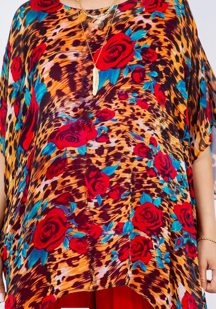 Leopards & Roses Oversize Tunic Top Lagenlook Boho Hippie Chic SML-6X+