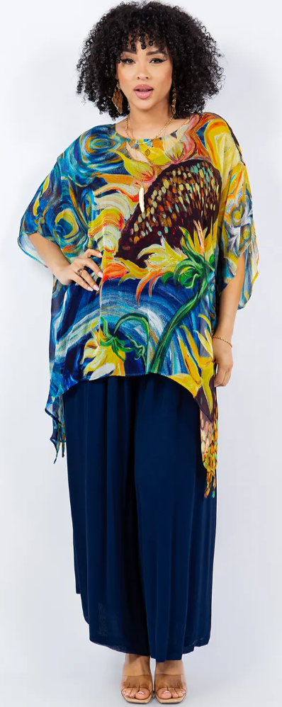 Sunheart SunFlowers Oversize Tunic Top Lagenlook Boho Hippie Chic SML-6X+