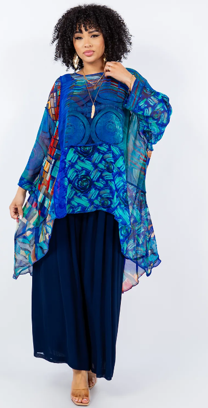 $66 OFF! Blue Azure Mosaic hi-low Tunic Top Boho Hippie Chic Resort Wear Sml-10X