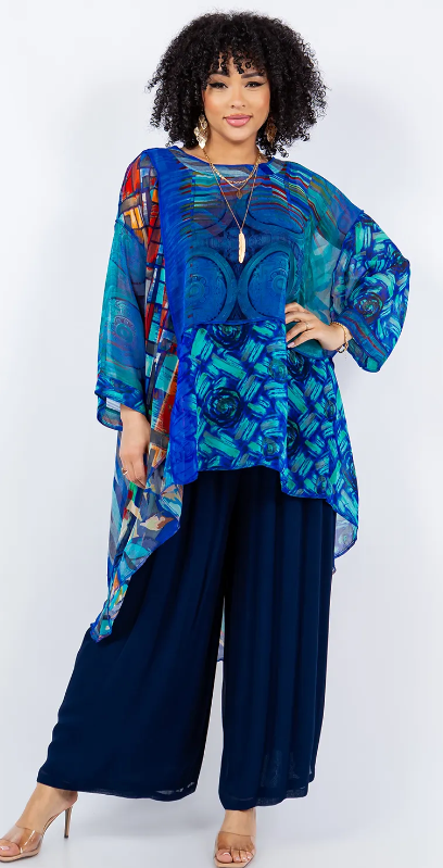 $66 OFF! Blue Azure Mosaic hi-low Tunic Top Boho Hippie Chic Resort Wear Sml-10X