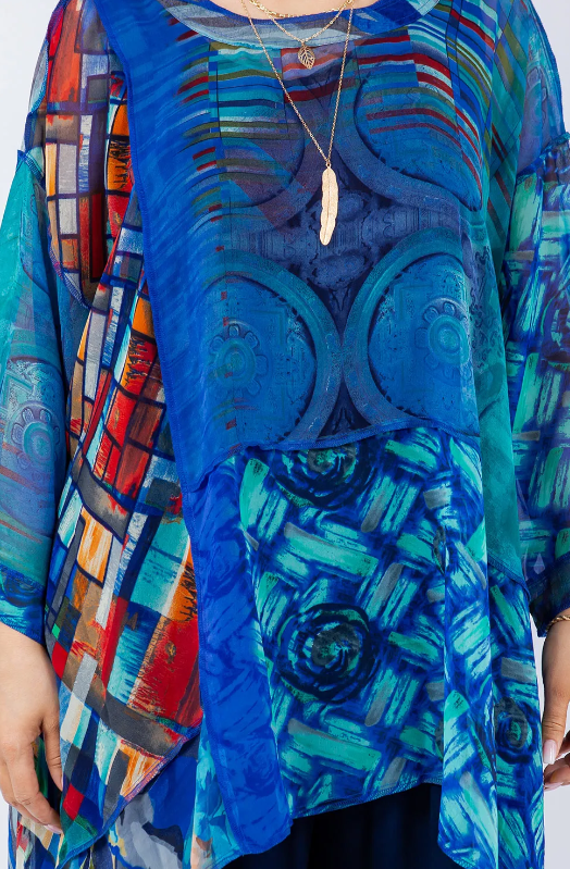 Blue Azure Mosaic hi-low Tunic Top Boho Hippie Chic Resort Wear Sml-10X