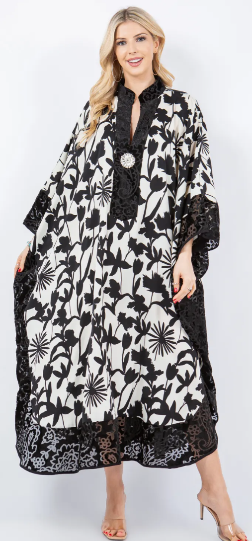 Vintage Hollywood Glam Black Floral Caftan Top or Dress Boho Hippie Chic  Sml-6x
