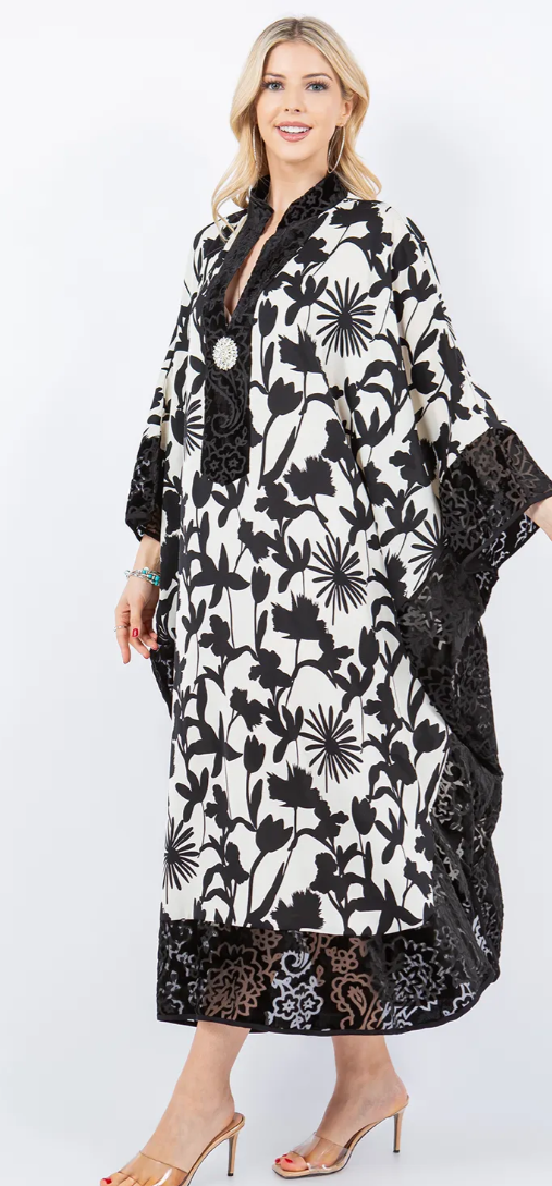 Vintage Hollywood Glam Black Floral Caftan Top or Dress Boho Hippie Chic  Sml-6x