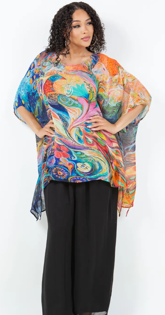 Fantasy Peacock Oversize Tunic Top Lagenlook Boho Hippie Chic SML-6X+