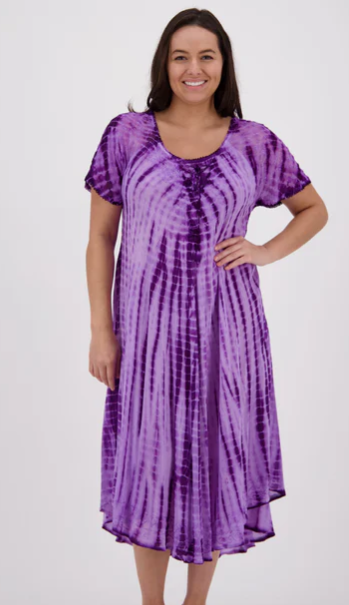 Sunheart Violets Batik Short-Sleeve Summer Dress Boho Hippie Chic Sml-4x