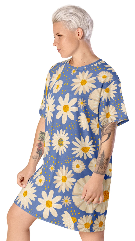 Boho Pop Art Blue with Daisies Women's Men's  Folk Art Tee Shirt Small to 4X
