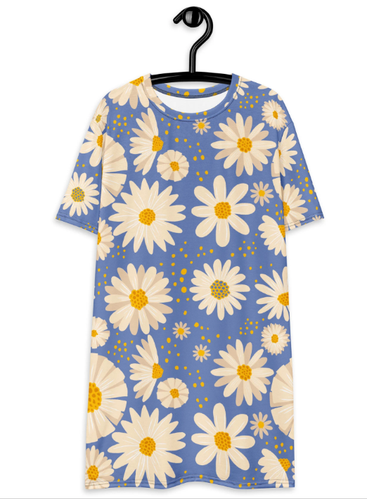 Boho Pop Art Blue with Daisies Women's Men's  Folk Art Tee Shirt Small to 4X