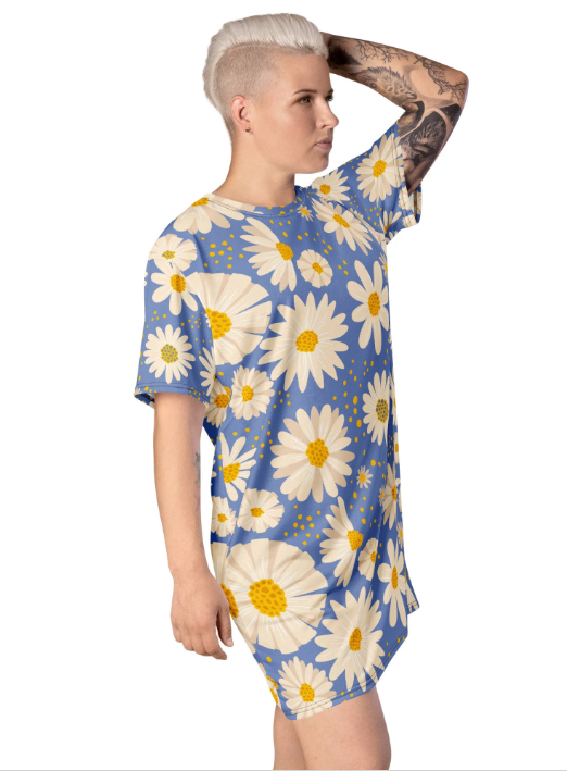 Boho Pop Art Blue with Daisies Women's Men's  Folk Art Tee Shirt Small to 4X