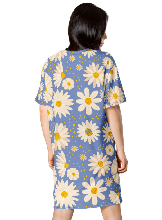 Boho Pop Art Blue with Daisies Women's Men's  Folk Art Tee Shirt Small to 4X