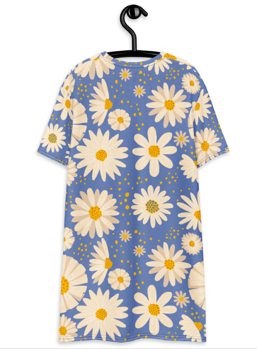 Boho Pop Art Blue with Daisies Women's Men's  Folk Art Tee Shirt Small to 4X