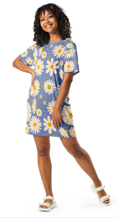 Boho Pop Art Blue with Daisies Women's Men's  Folk Art Tee Shirt Small to 4X