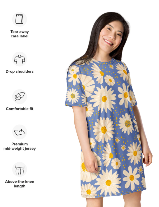 Boho Pop Art Blue with Daisies Women's Men's  Folk Art Tee Shirt Small to 4X