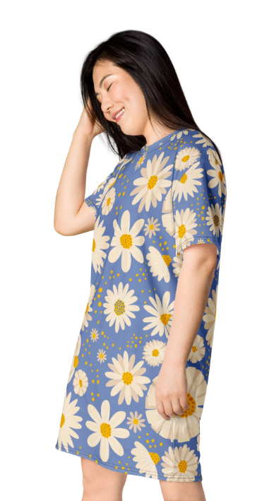Boho Pop Art Blue with Daisies Women's Men's  Folk Art Tee Shirt Small to 4X