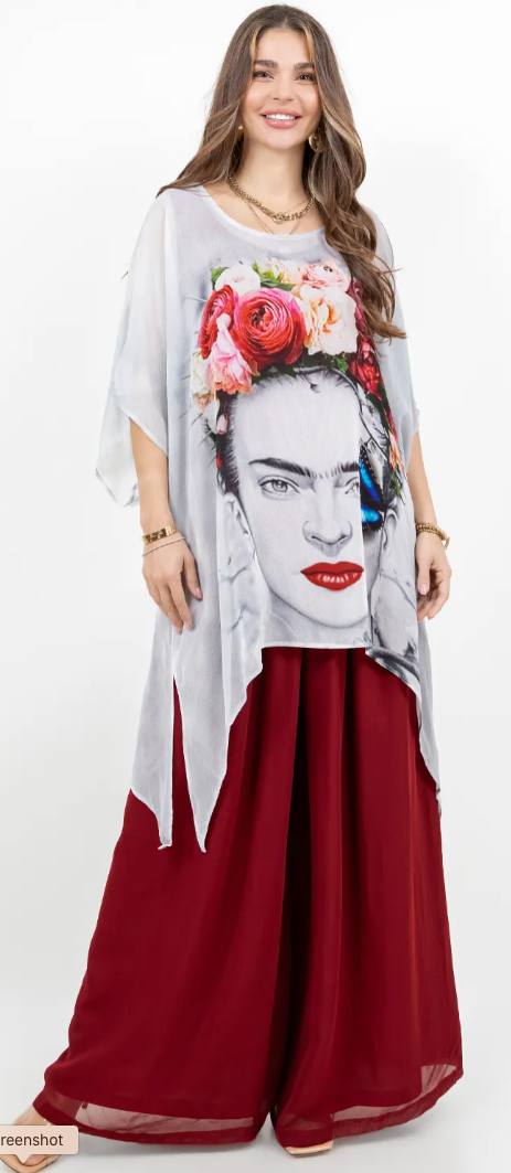 Frida Kahlo Roses Oversize Tunic Top Lagenlook Boho Hippie Chic SML-6X+