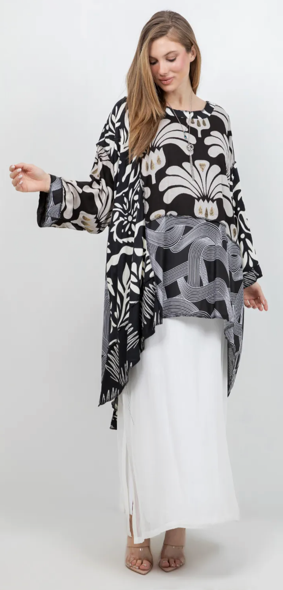 Floral Icon Black-White  Mosaic hi-low Tunic Top Boho Hippie Chic Resort Wear Sml-10X