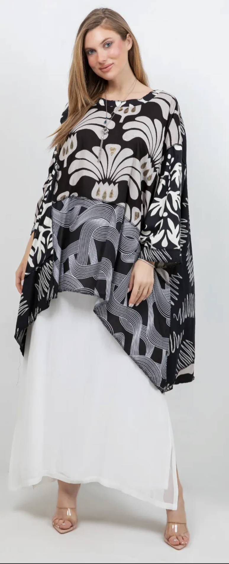 Floral Icon Black-White  Mosaic hi-low Tunic Top Boho Hippie Chic Resort Wear Sml-10X
