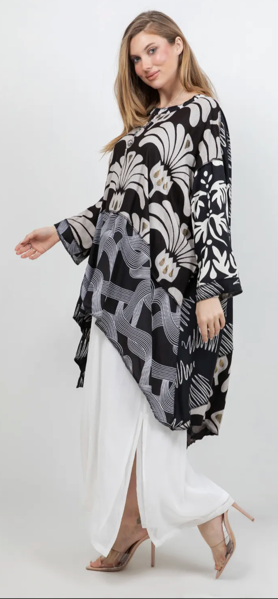 Floral Icon Black-White  Mosaic hi-low Tunic Top Boho Hippie Chic Resort Wear Sml-10X