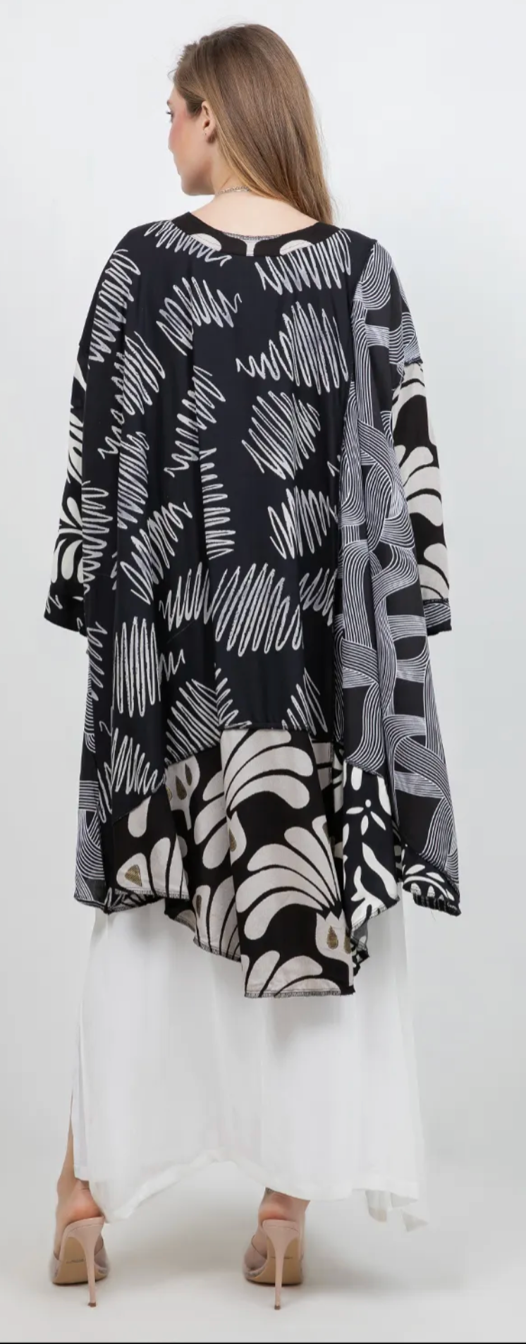 Floral Icon Black-White  Mosaic hi-low Tunic Top Boho Hippie Chic Resort Wear Sml-10X