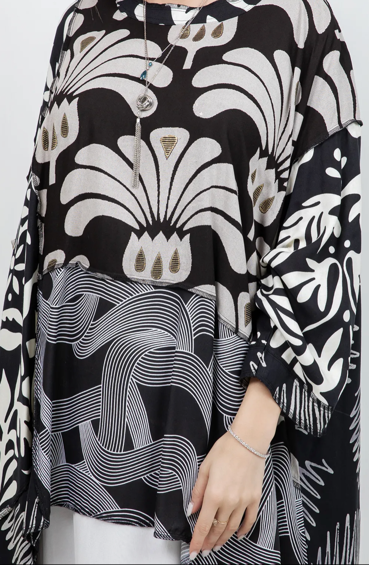 Floral Icon Black-White  Mosaic hi-low Tunic Top Boho Hippie Chic Resort Wear Sml-10X