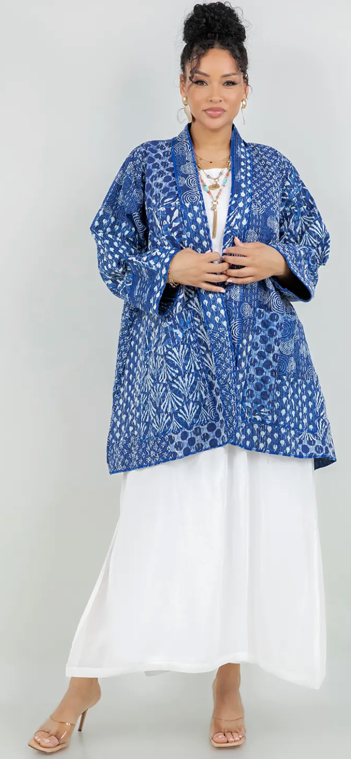 Artisan Indigo: Hand-Stitched Kantha Cotton Jacket Uptown Me Sml-Med-Large-Xl