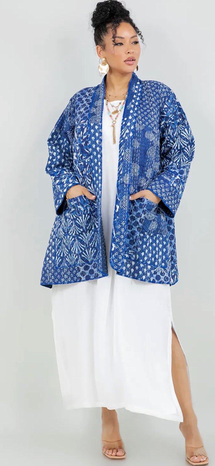 Artisan Indigo: Hand-Stitched Kantha Cotton Jacket Uptown Me Sml-Med-Large-Xl