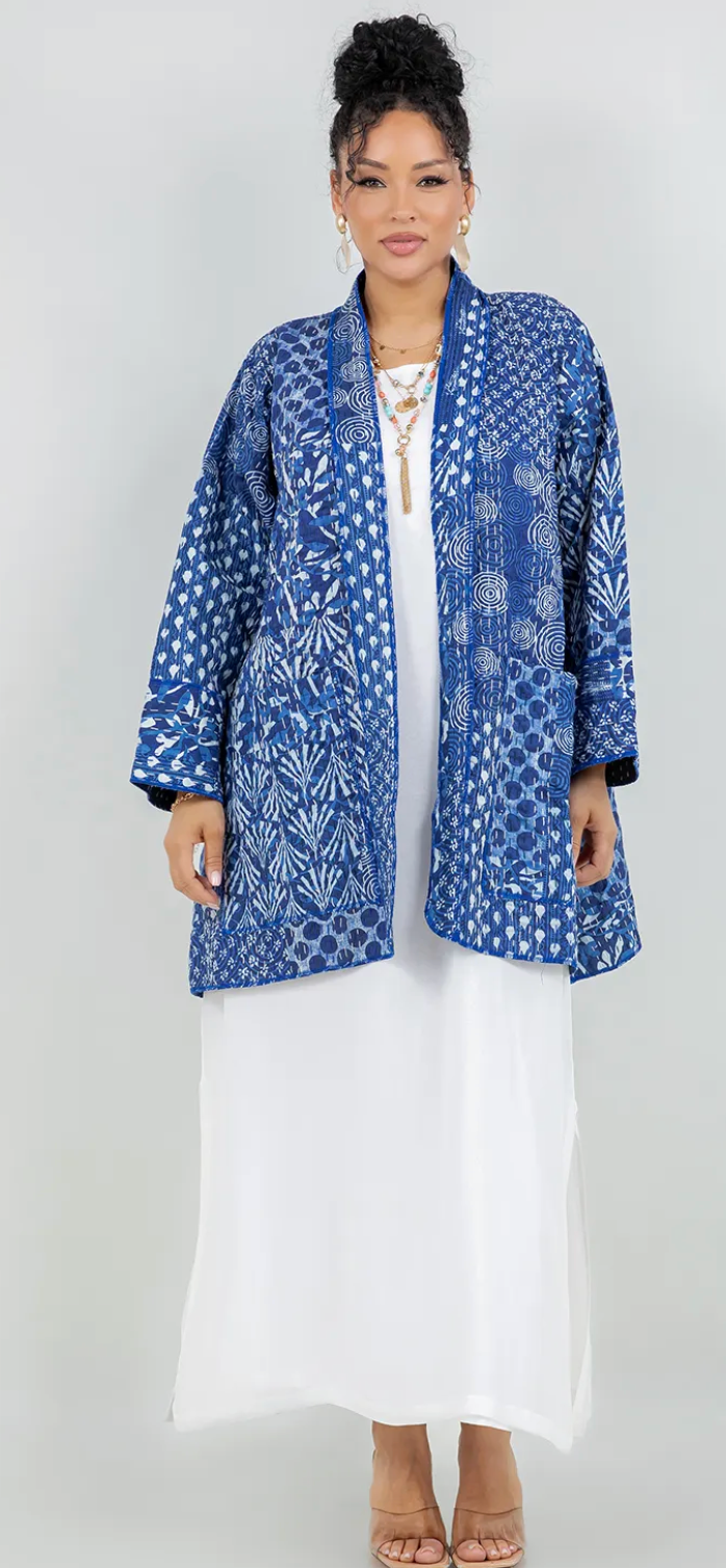 Artisan Indigo: Hand-Stitched Kantha Cotton Jacket Uptown Me Sml-Med-Large-Xl
