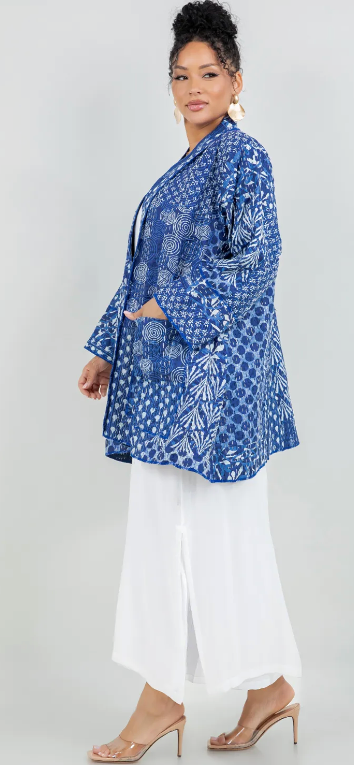 Artisan Indigo: Hand-Stitched Kantha Cotton Jacket Uptown Me Sml-Med-Large-Xl