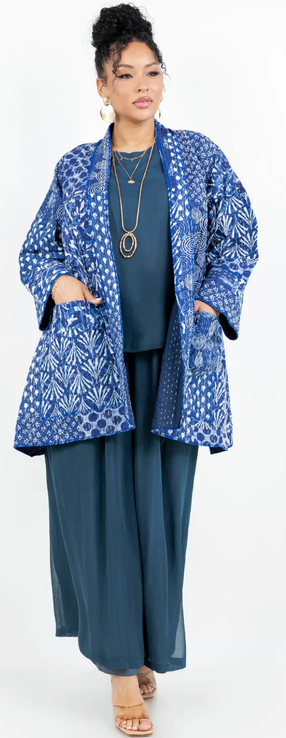 Artisan Indigo: Hand-Stitched Kantha Cotton Jacket Uptown Me Sml-Med-Large-Xl