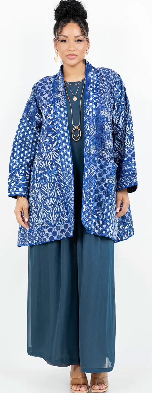 Artisan Indigo: Hand-Stitched Kantha Cotton Jacket Uptown Me Sml-Med-Large-Xl