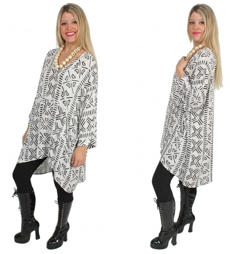 Vintage Tribal Black-White Dairi Fashions Moroccan Cotton Nobi  2-Pocket V-Neck Top Sml-7x