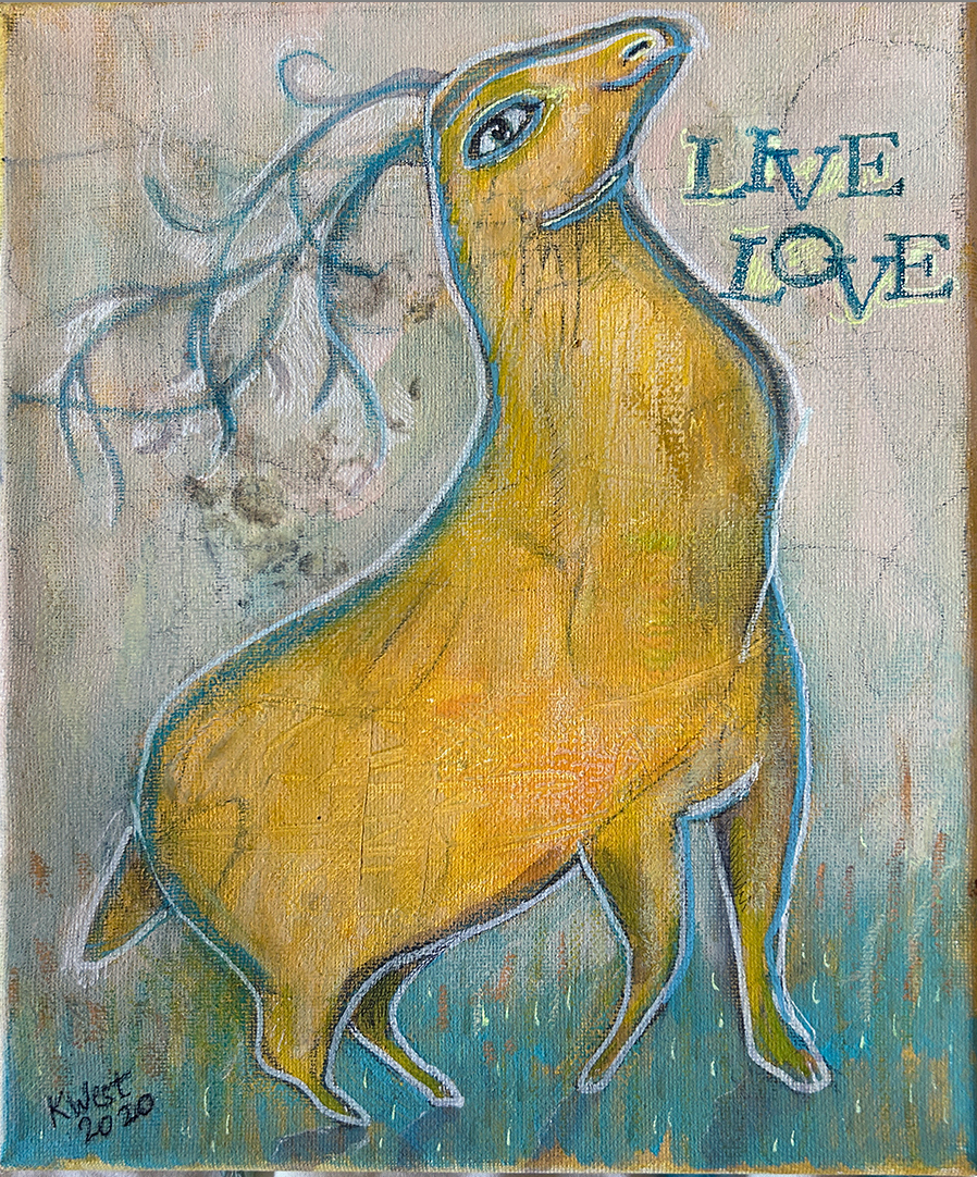 Shaman Golden Deer Painting OOAK Wall Art Kristena West 8" x 10"