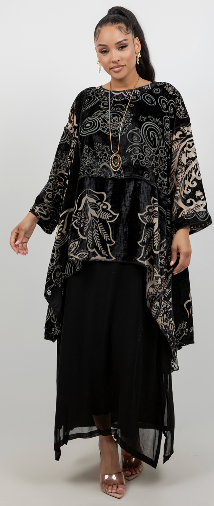 New! Etched Shadow Floral Velvet  Mosaic hi-low Tunic Top Boho Hippie Chic Resort Wear Sml-10X