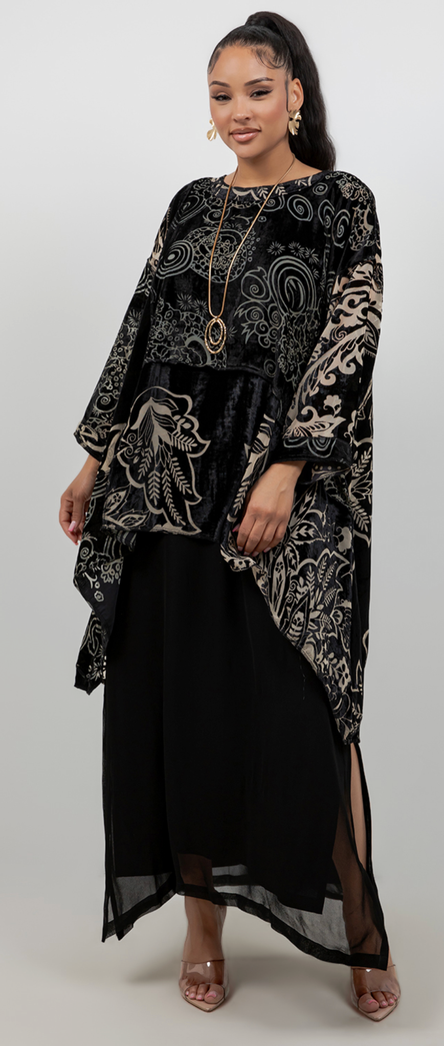 New! Etched Shadow Floral Velvet  Mosaic hi-low Tunic Top Boho Hippie Chic Resort Wear Sml-10X