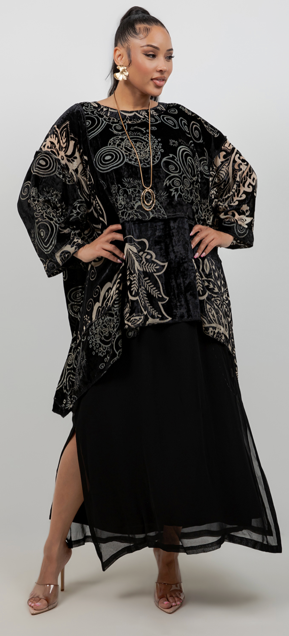 New! Etched Shadow Floral Velvet  Mosaic hi-low Tunic Top Boho Hippie Chic Resort Wear Sml-10X