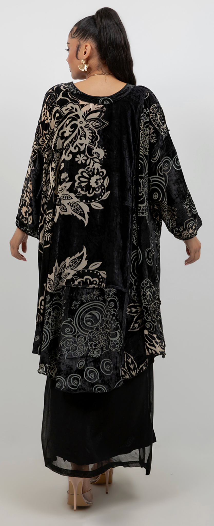 New! Etched Shadow Floral Velvet  Mosaic hi-low Tunic Top Boho Hippie Chic Resort Wear Sml-10X