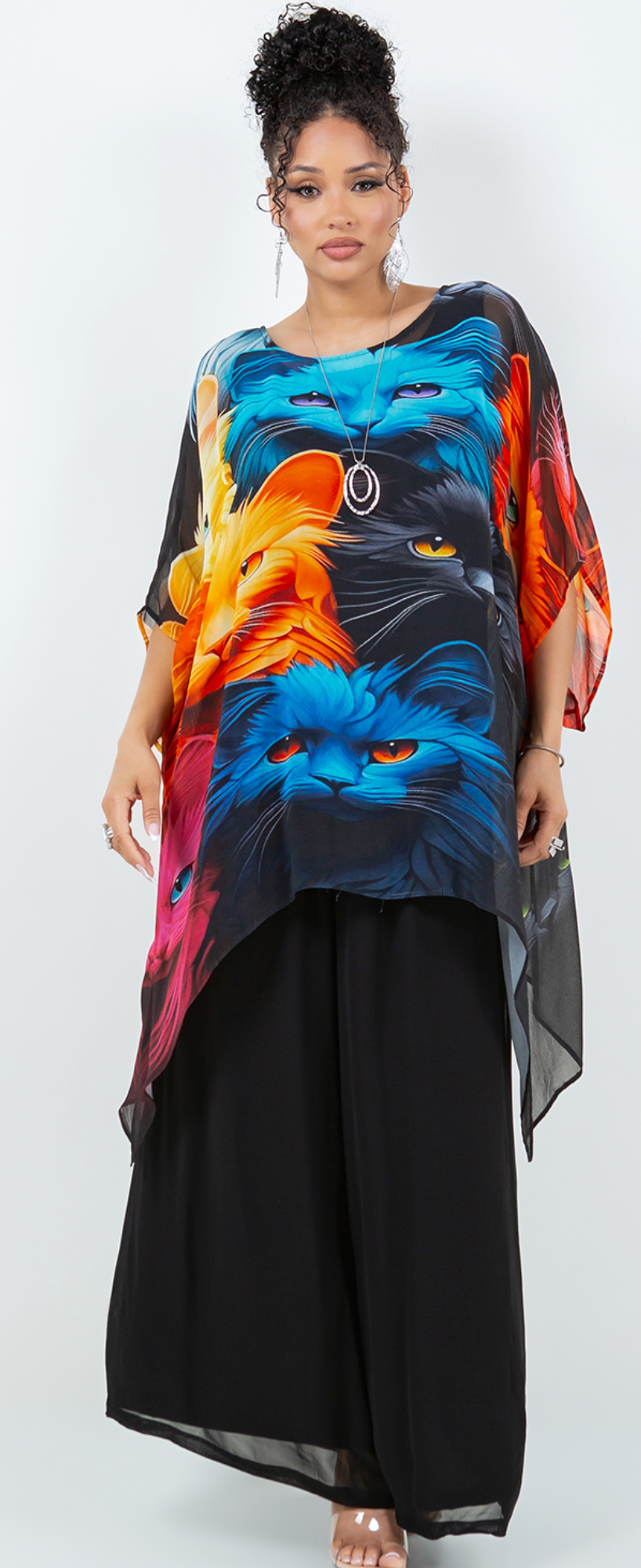New! Here Kitty Kitty! Oversize Pacifica Tunic Top Lagenlook Boho Hippie Chic SML-6X+