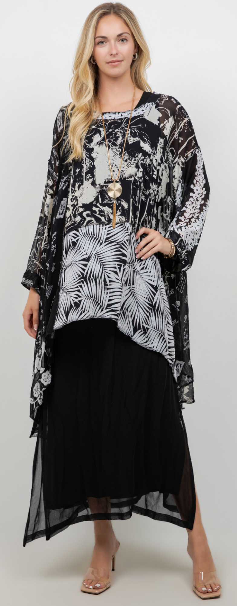 Black-White Mosaic hi-low Tunic Top Boho Hippie Chic Resort Wear Sml-10X