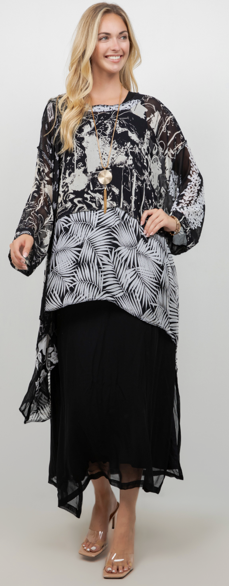 Black-White Mosaic hi-low Tunic Top Boho Hippie Chic Resort Wear Sml-10X